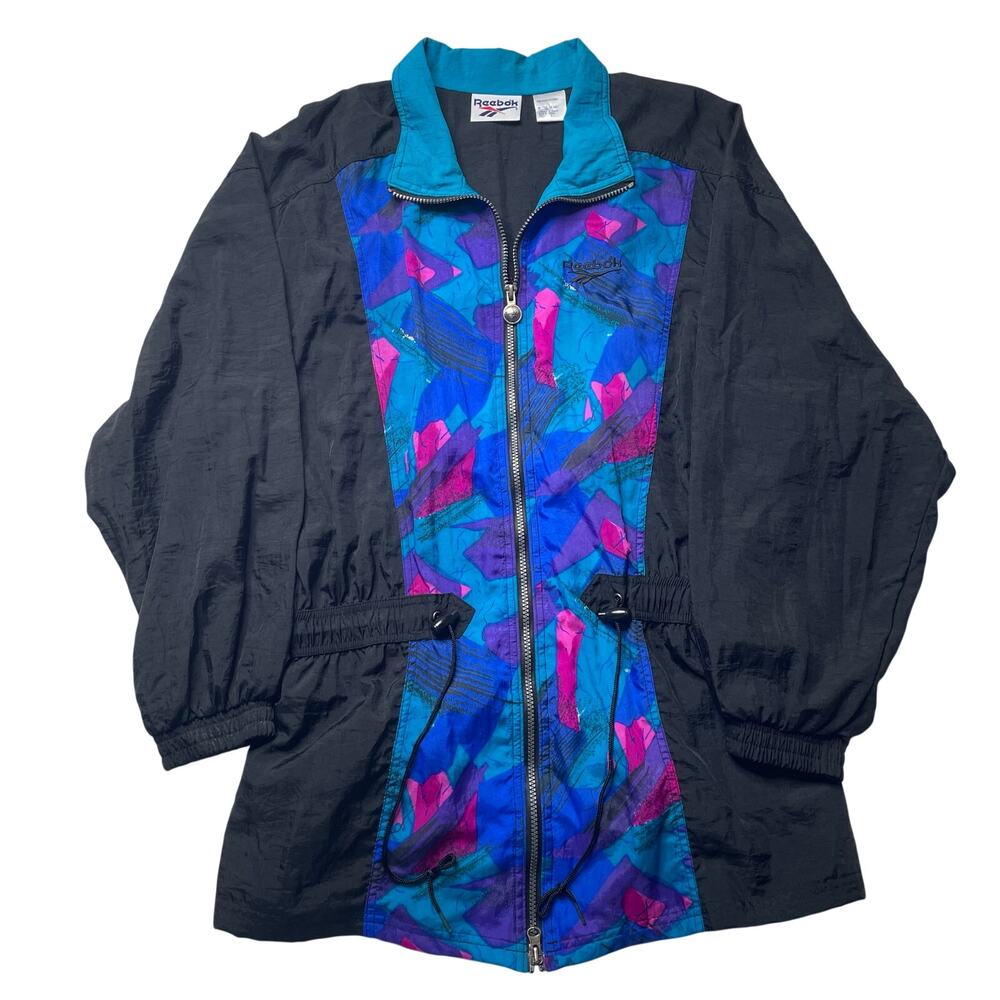 Vintage Reebok 90s Windbreaker Black Teal Abstract Print Cinch Waist Retro Large